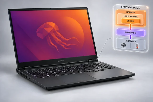 AI illustration of a Lenovo Legion laptop with Ubuntu and an enlarged diagram of the Linux kernel with a driver, firmware and hardware
