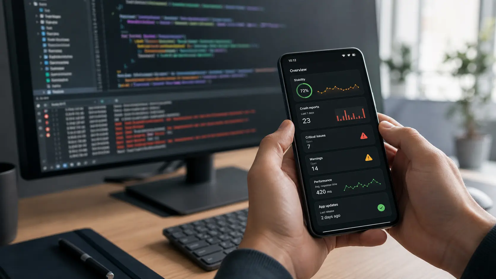 Audit Android aplikace na telefonu před monitorem s kódem